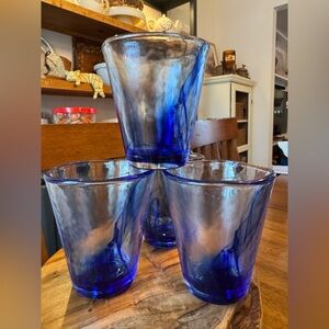 Set Of 4 Bormioli Rocco Murano Cobalt Blue Swirl Clear Water Rock Glasses